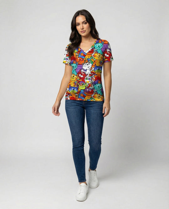 Bequemes T-Shirt Mit Buntem Katzenprint Für Damen