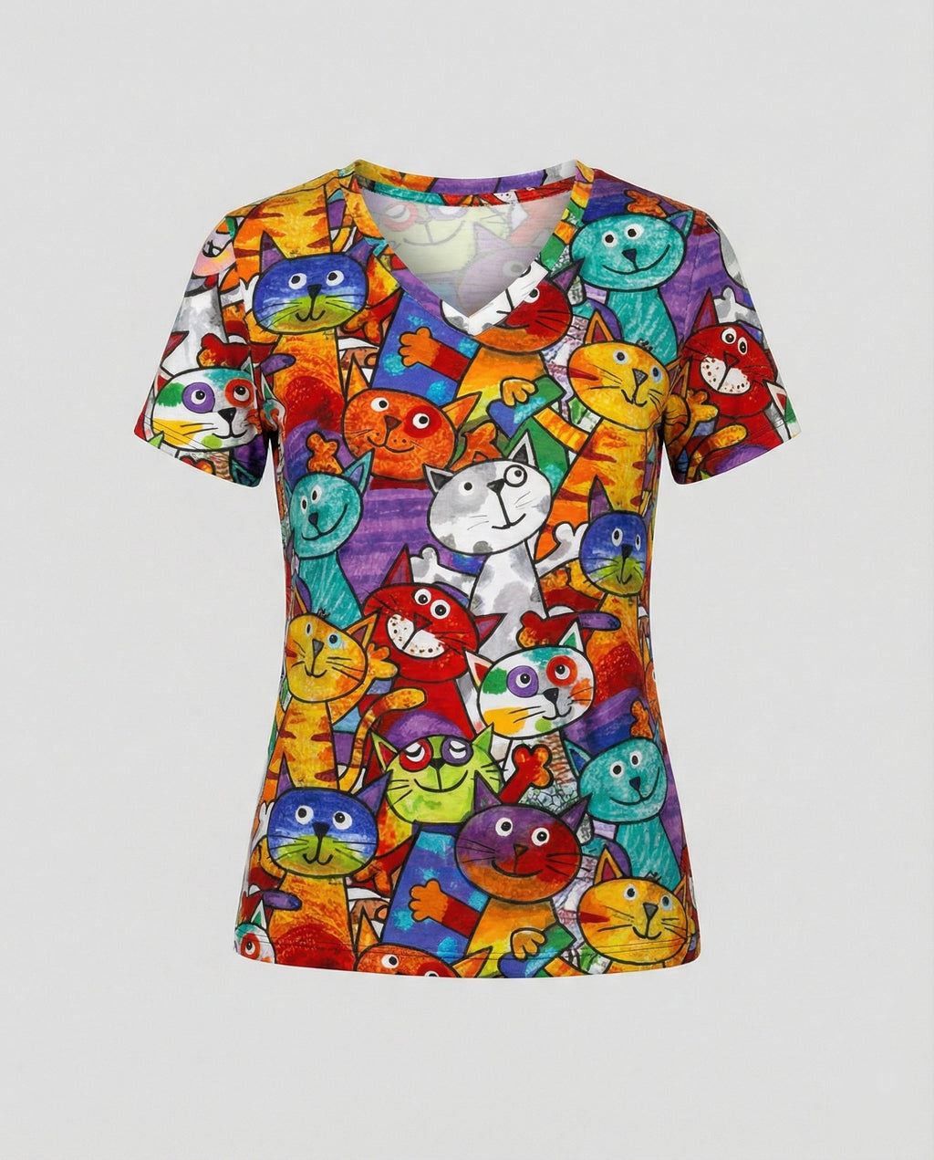 Bequemes T-Shirt Mit Buntem Katzenprint Für Damen