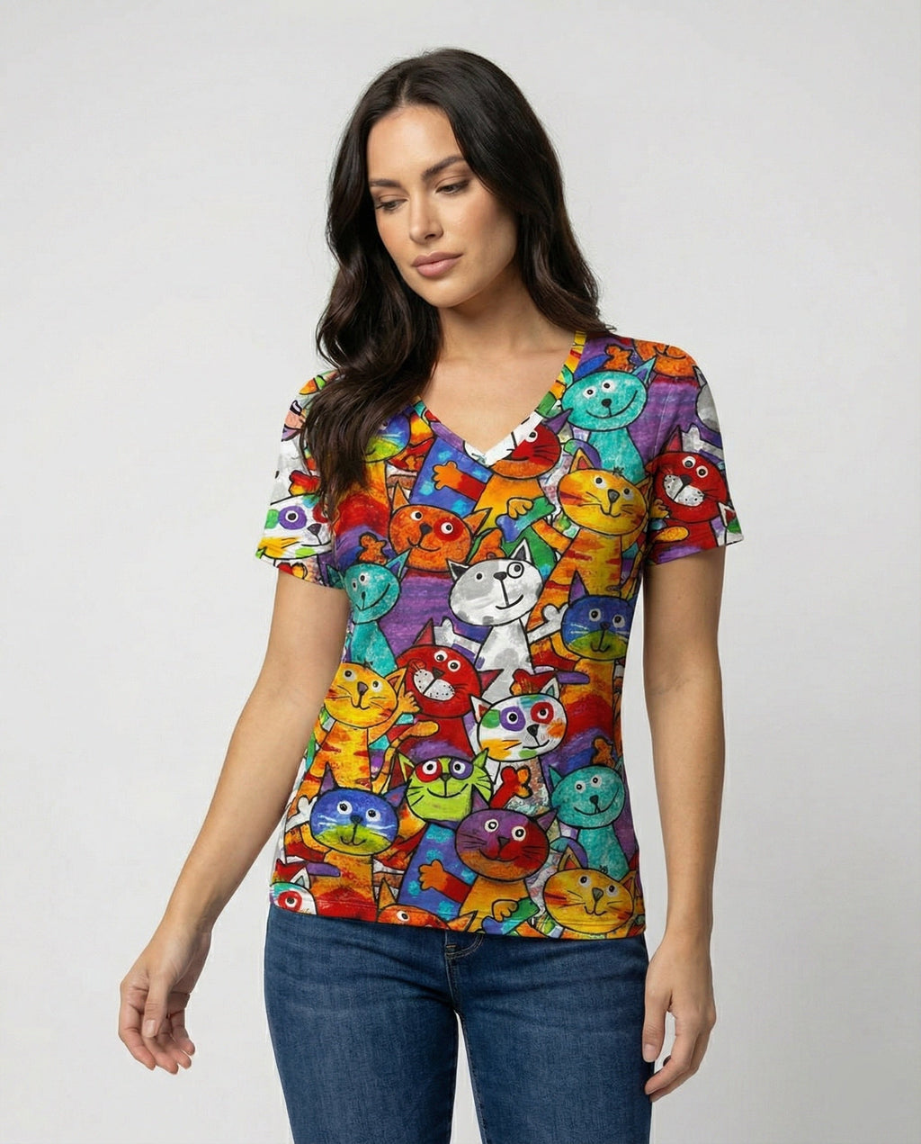 Bequemes T-Shirt Mit Buntem Katzenprint Für Damen