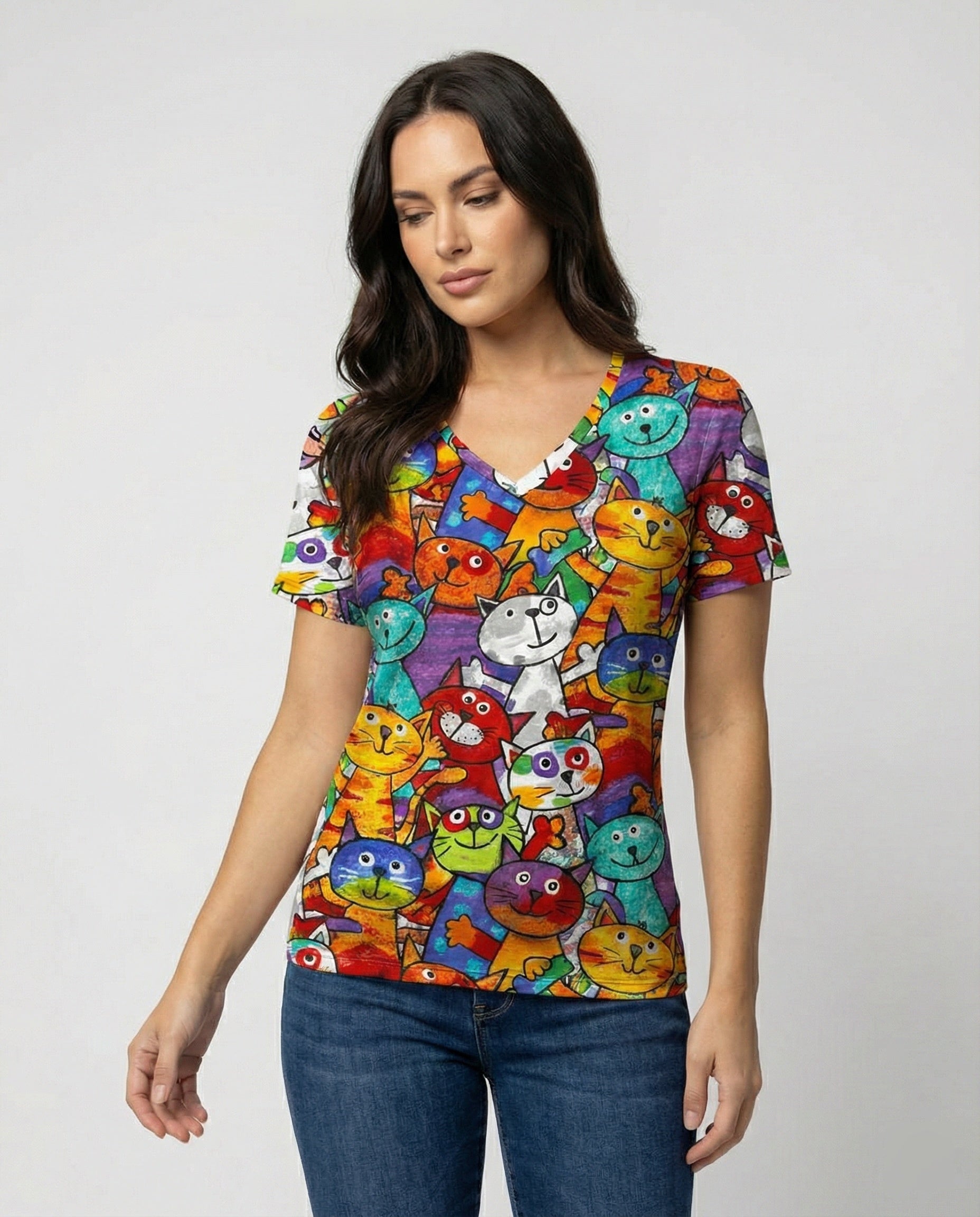 Bequemes T-Shirt Mit Buntem Katzenprint Für Damen