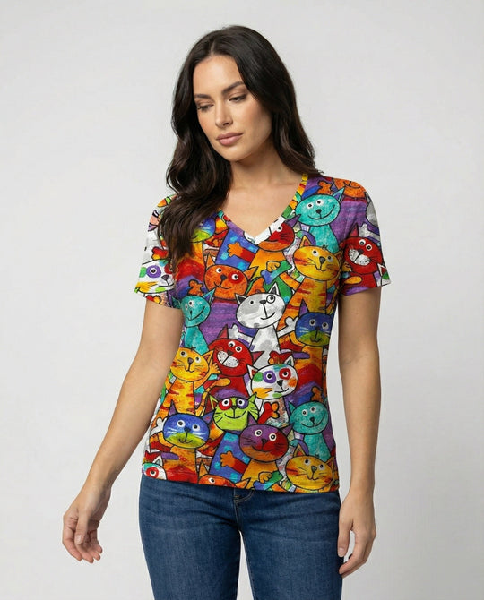 Bequemes T-Shirt Mit Buntem Katzenprint Für Damen