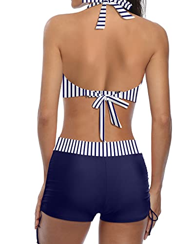 Shopnory | Sportlicher Zweiteiler Badeanzug mit Push Up Bikini und Boyshort Blau Weiß Gestreift