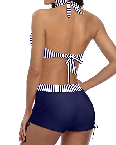Shopnory | Sportlicher Zweiteiler Badeanzug mit Push Up Bikini und Boyshort Blau Weiß Gestreift