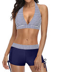 Shopnory | Sportlicher Zweiteiler Badeanzug mit Push Up Bikini und Boyshort Blau Weiß Gestreift