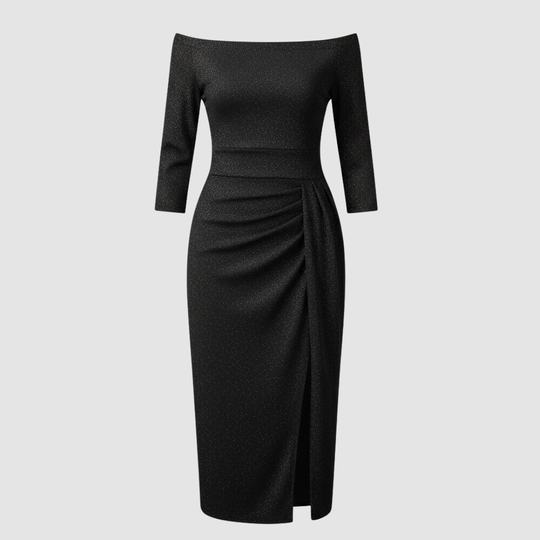 Elegantes Hochzeitsgast Kleid Off Shoulder Lang Satin | Shop Nory