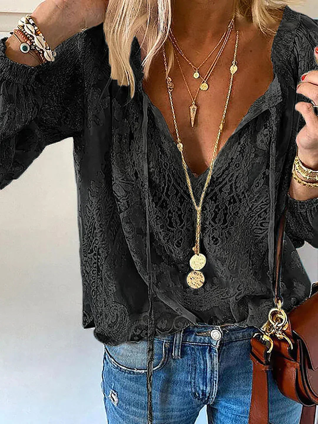 V-Ausschnitt Spitzen Chiffon Bluse