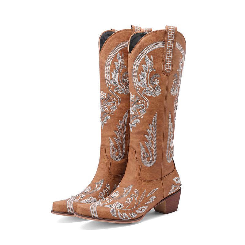 Bestickte Western Denim Retro Damen Knielange Stiefel