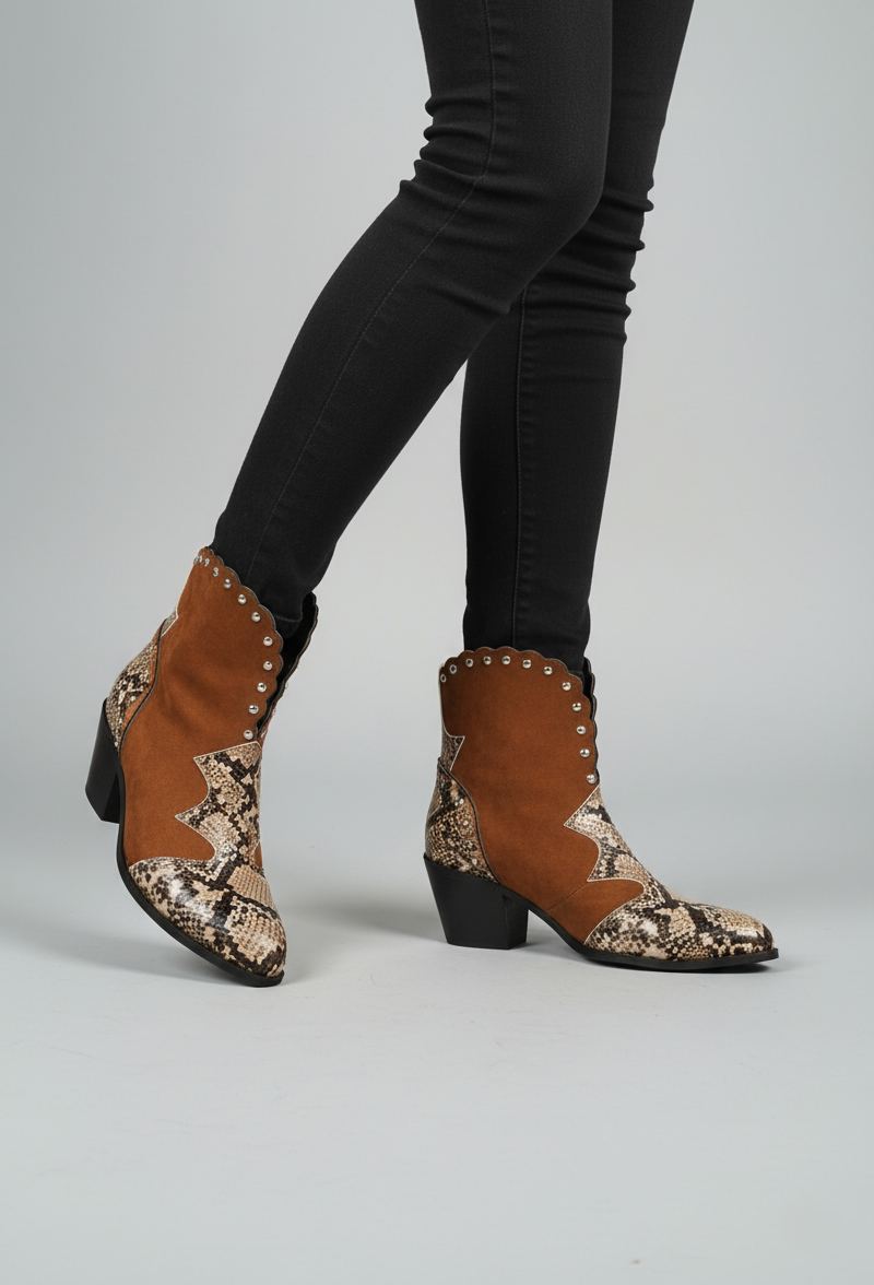 Western Stiefeletten mit Schlangenleder Akzent Bestickter Gewellter Besatz Niedriger Blockabsatz