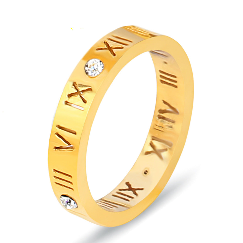 Damen Ring mit elegant gravierten römischen Ziffern und funkelndem Kristall Shop Nory