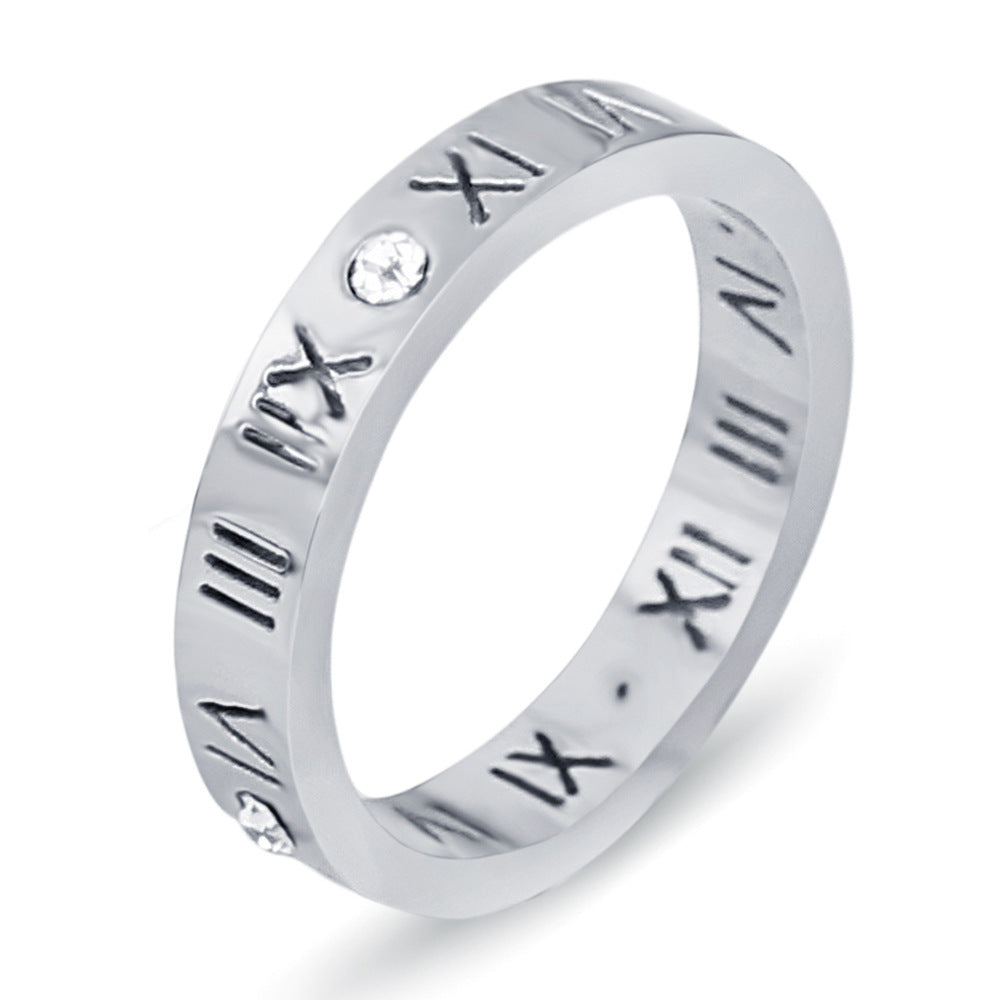 Damen Ring mit elegant gravierten römischen Ziffern und funkelndem Kristall Shop Nory