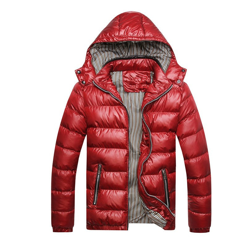 Herren Wattierte Kapuzen-Steppjacke mit glänzender Nylonoptik und kontrastierenden Reißverschlüssen Shop Nory