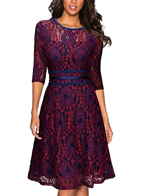 Damen Spitzen-A-Linienkleid knielang mit transparentem Oberteil und dreiviertelärmeln Shop Nory