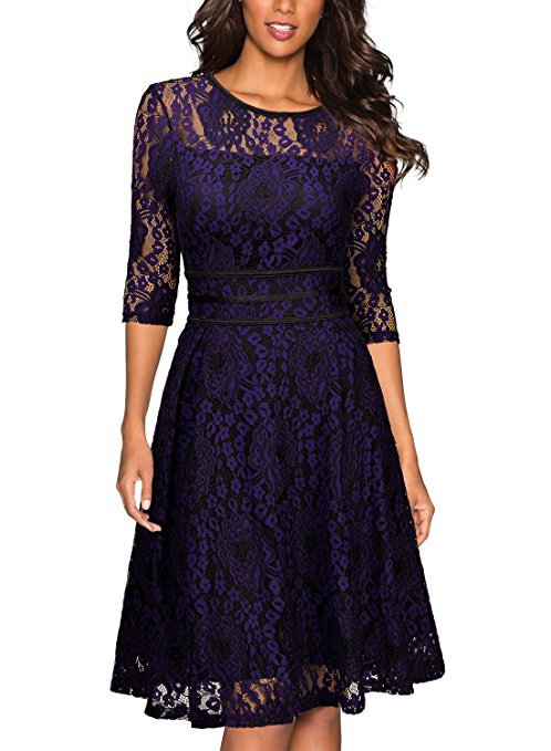 Damen Spitzen-A-Linienkleid knielang mit transparentem Oberteil und dreiviertelärmeln Shop Nory