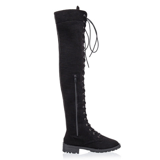 Damen Overkneestiefel aus weichem Wildleder mit dekorativem Schnür-Design
