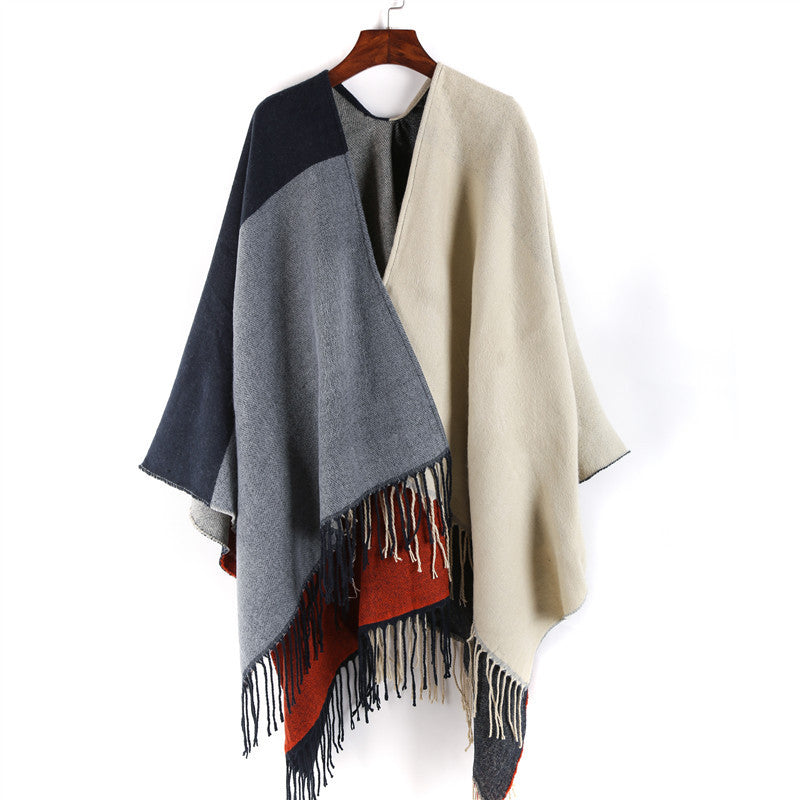 Damen Wendbarer Capeponcho im Blockstreifen-Look mit Fransen Shop Nory