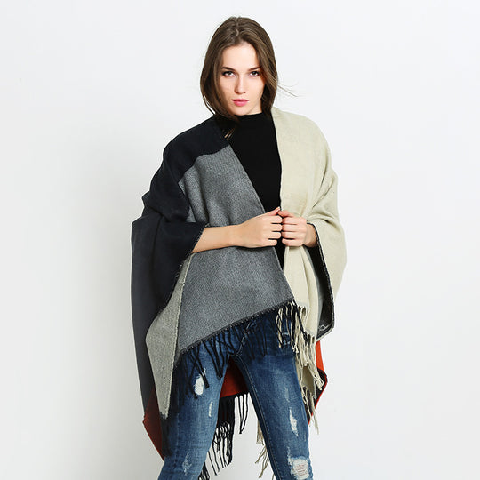 Damen Wendbarer Capeponcho im Blockstreifen-Look mit Fransen Shop Nory