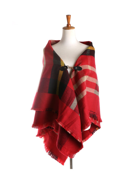 Damen Karierter Capeponcho aus Wollmix mit Steckverschluss und Fransensaum Shop Nory