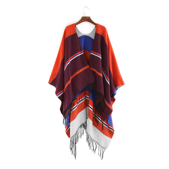 Damen Oversize-Ruana‑Überwurf aus Wollmix mit Zipfelsaum und Fransensaum Shop Nory