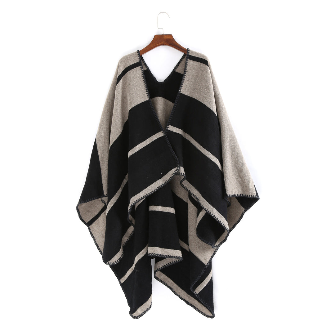 Damen Oversize-Ruana mit geometrischem Blockstreifen und Ziernaht Shop Nory