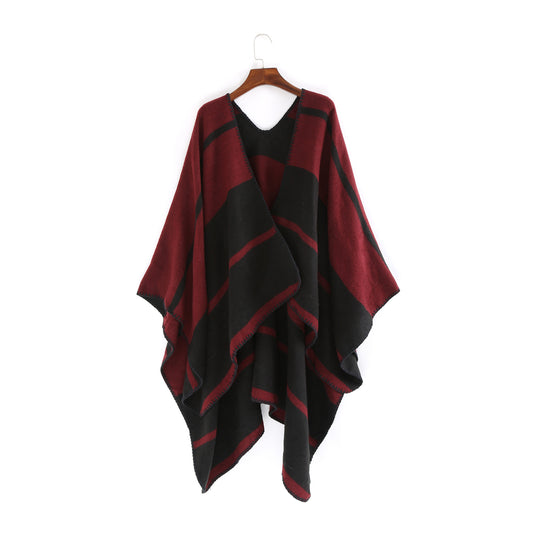 Damen Oversize-Ruana mit geometrischem Blockstreifen und Ziernaht Shop Nory
