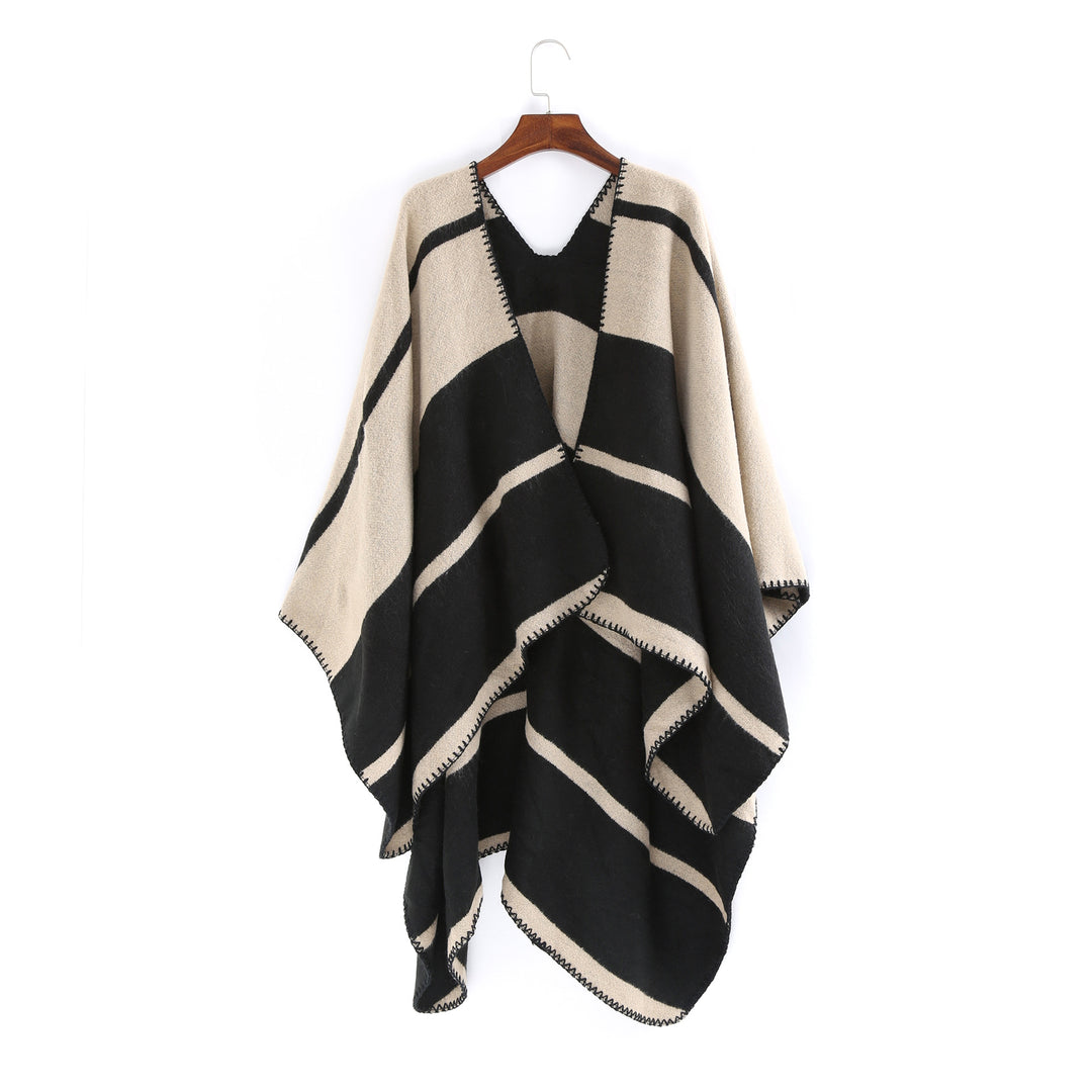Damen Oversize-Ruana mit geometrischem Blockstreifen und Ziernaht Shop Nory