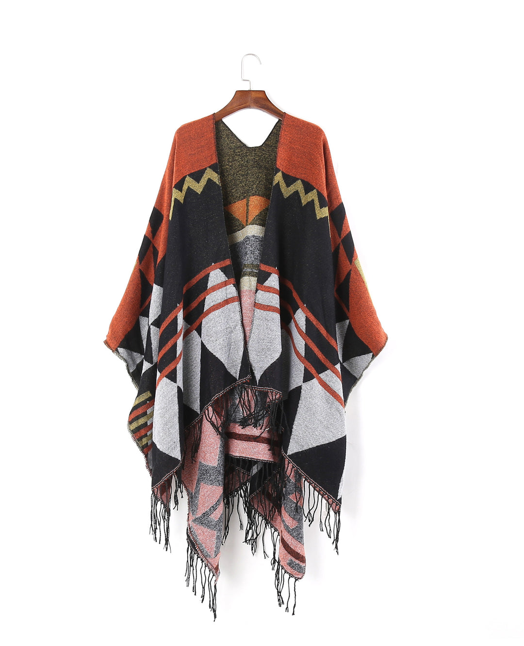 Damen Großer Fransen-Cardigan im Ruana-Stil mit grafischem Jacquard Shop Nory