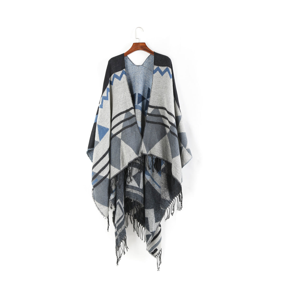 Damen Großer Fransen-Cardigan im Ruana-Stil mit grafischem Jacquard Shop Nory