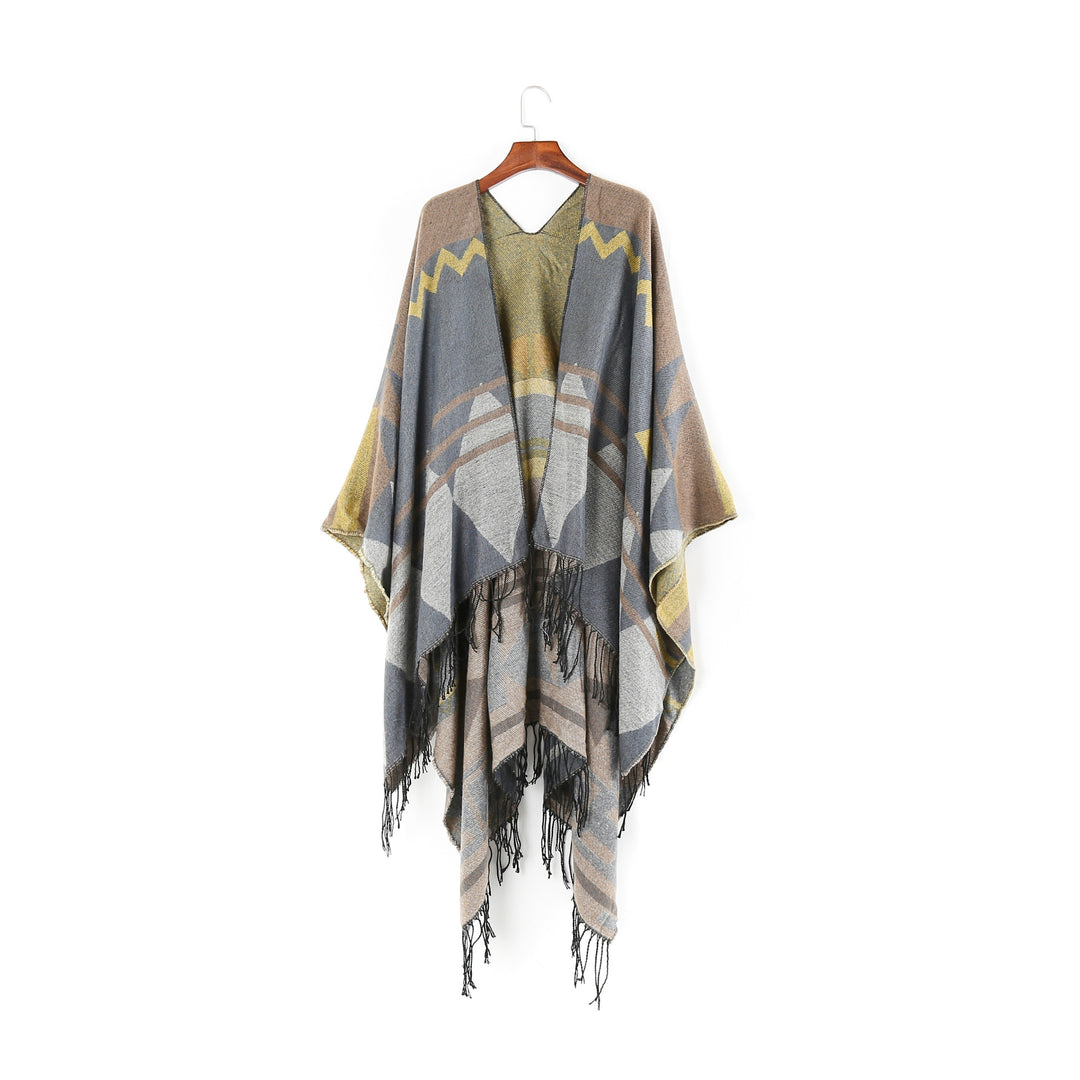 Damen Großer Fransen-Cardigan im Ruana-Stil mit grafischem Jacquard Shop Nory