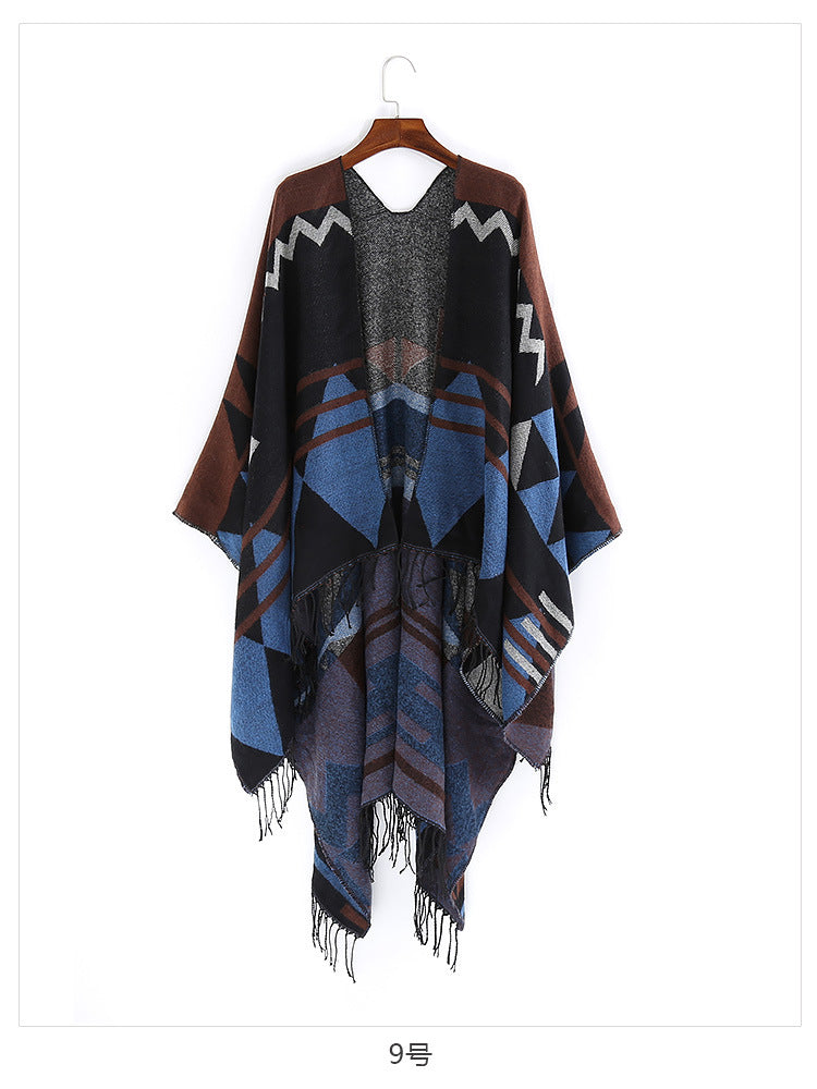 Damen Großer Fransen-Cardigan im Ruana-Stil mit grafischem Jacquard Shop Nory