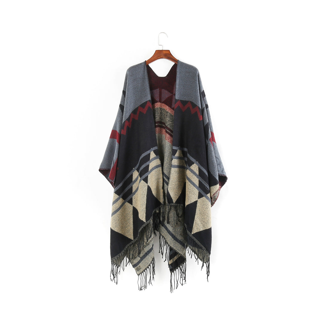 Damen Großer Fransen-Cardigan im Ruana-Stil mit grafischem Jacquard Shop Nory
