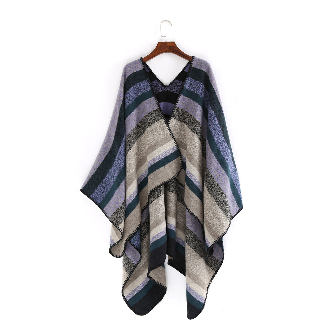 Damen Gewobene Oversize-Ruana mit diagonalem Blockstreifen und Kettelkante Shop Nory