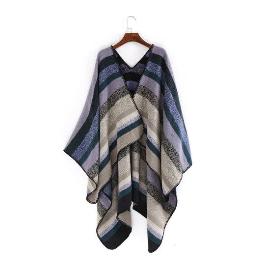 Damen Gewobene Oversize-Ruana mit diagonalem Blockstreifen und Kettelkante Shop Nory