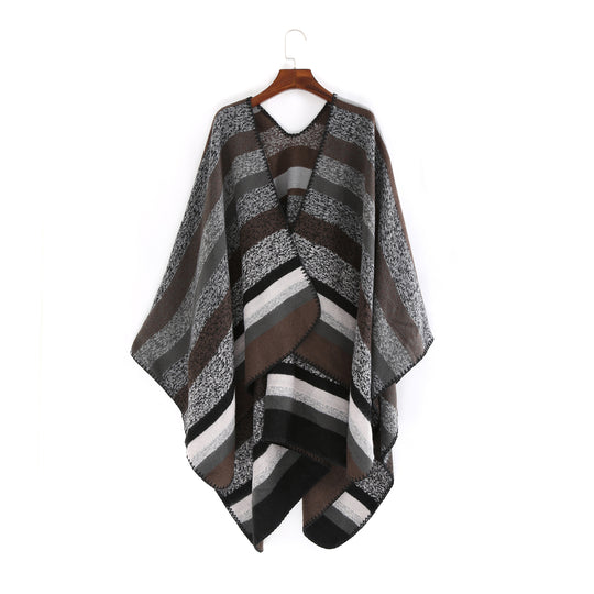 Damen Gewobene Oversize-Ruana mit diagonalem Blockstreifen und Kettelkante Shop Nory
