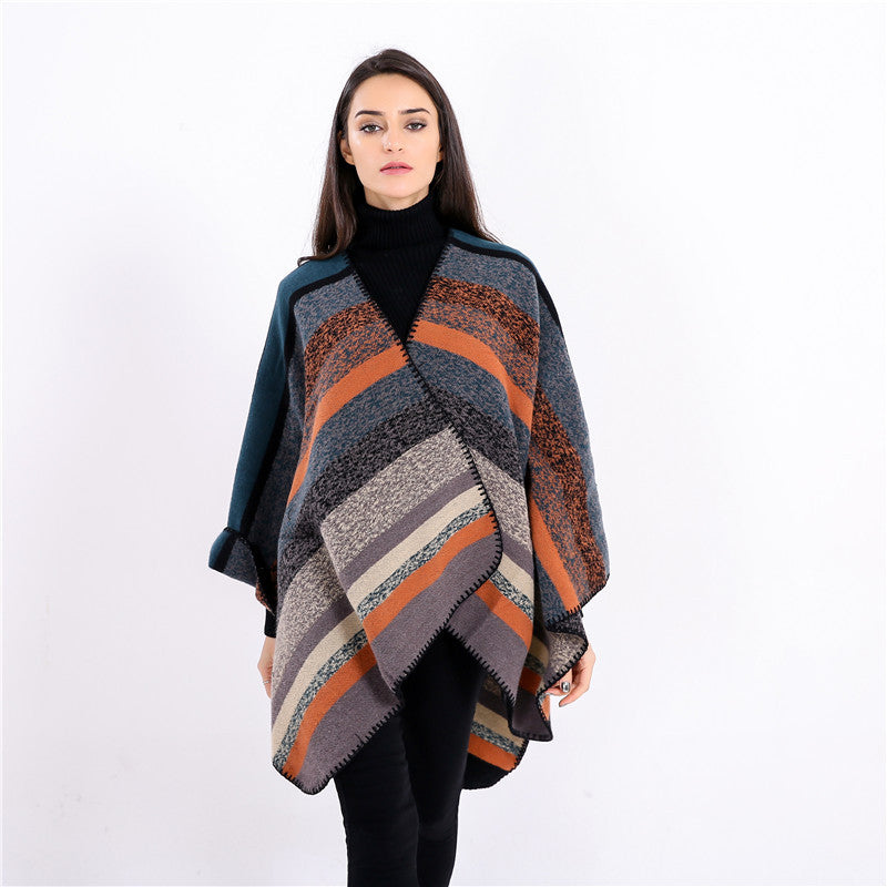 Damen Gewobene Oversize-Ruana mit diagonalem Blockstreifen und Kettelkante Shop Nory