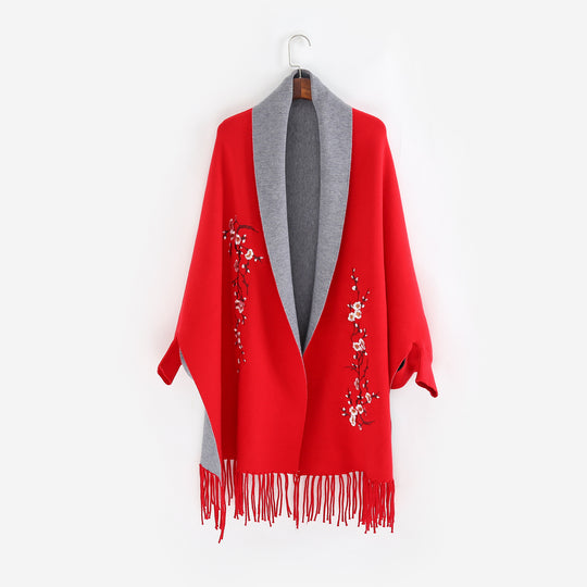 Damen Reversible Strick-Ruana mit Blumenstickerei und Fransensaum Shop Nory