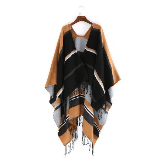 Damen Oversize-Ruana‑Überwurf aus Wollmix mit Zipfelsaum und Fransensaum Shop Nory
