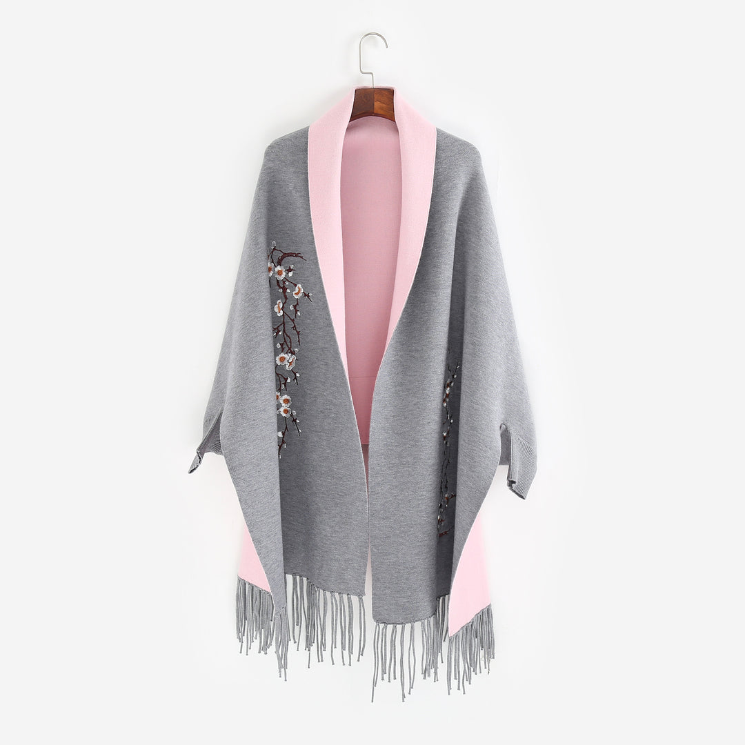 Damen Reversible Strick-Ruana mit Blumenstickerei und Fransensaum Shop Nory