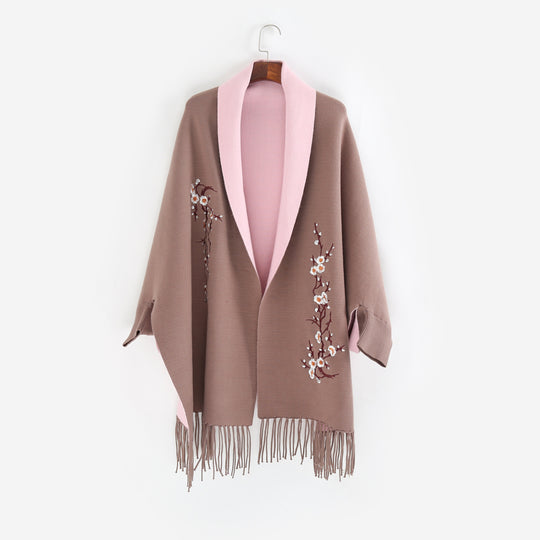 Damen Reversible Strick-Ruana mit Blumenstickerei und Fransensaum Shop Nory