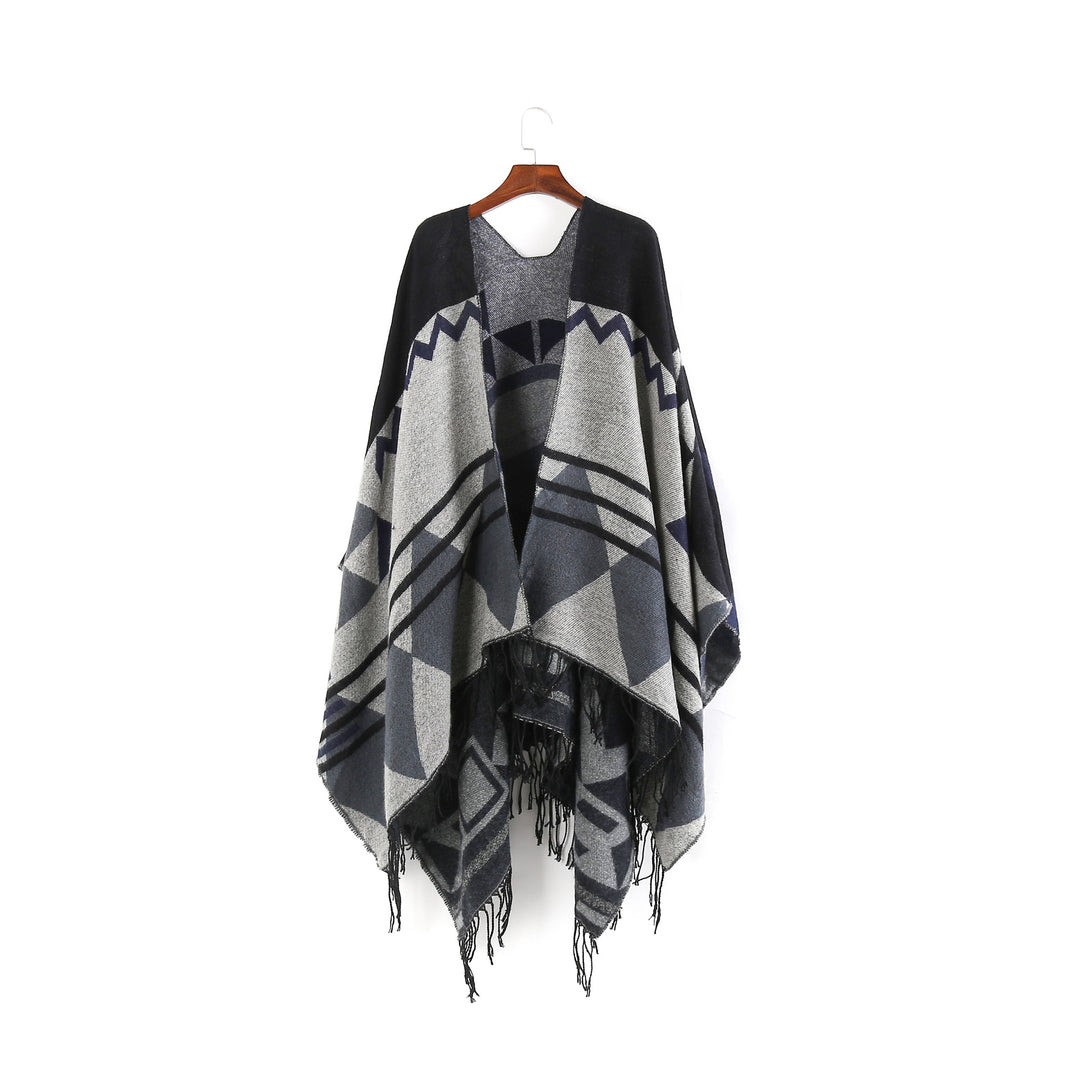 Damen Großer Fransen-Cardigan im Ruana-Stil mit grafischem Jacquard Shop Nory
