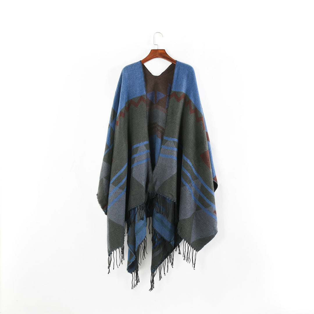 Damen Großer Fransen-Cardigan im Ruana-Stil mit grafischem Jacquard Shop Nory