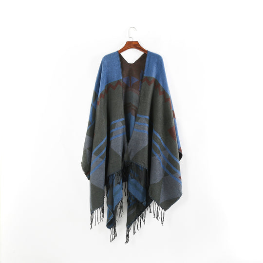Damen Großer Fransen-Cardigan im Ruana-Stil mit grafischem Jacquard Shop Nory