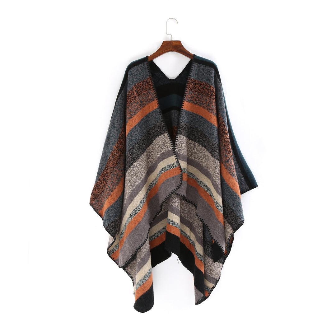 Damen Gewobene Oversize-Ruana mit diagonalem Blockstreifen und Kettelkante Shop Nory