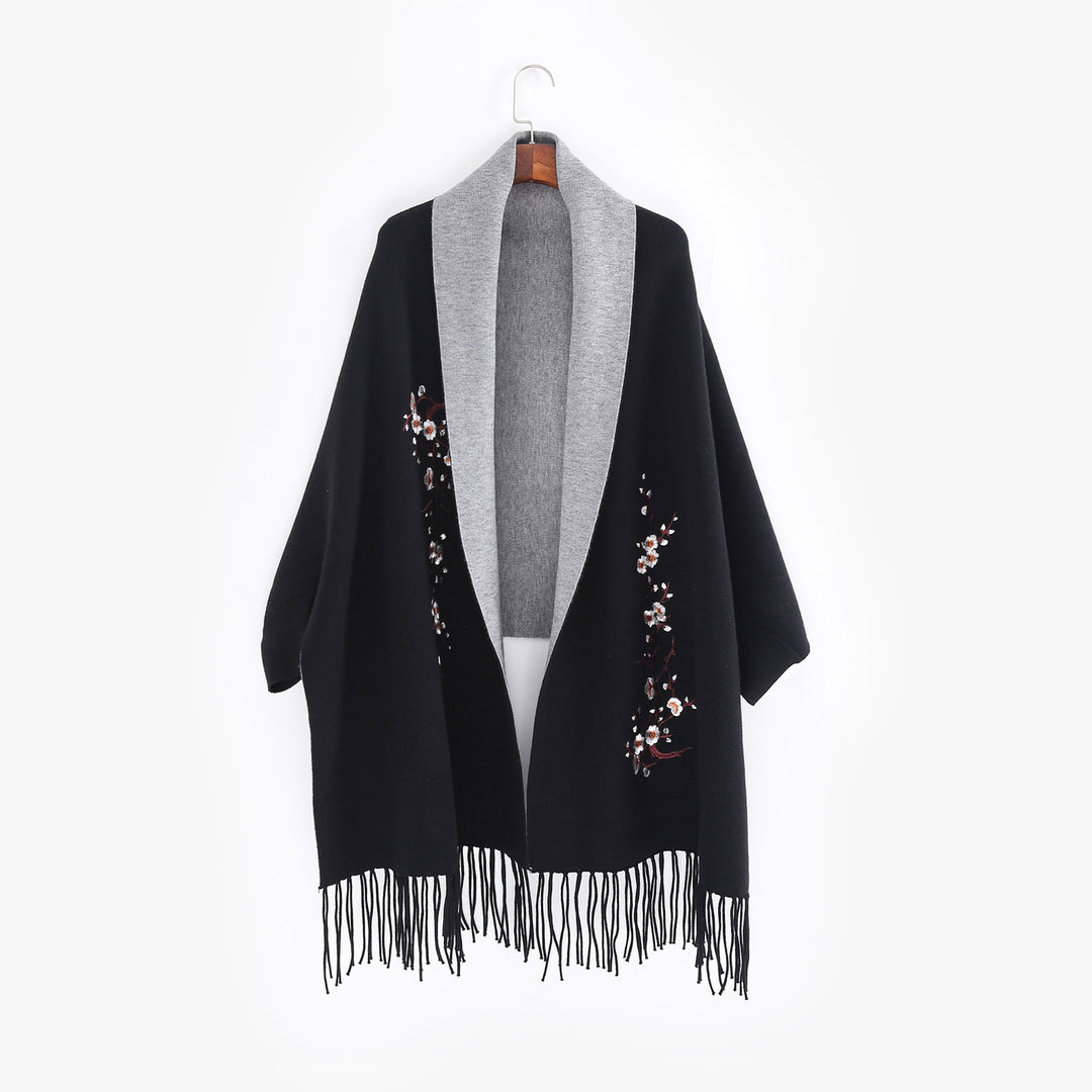 Damen Reversible Strick-Ruana mit Blumenstickerei und Fransensaum Shop Nory
