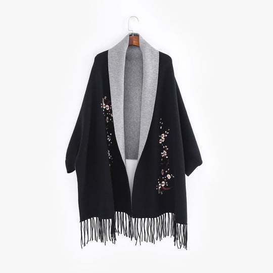 Damen Reversible Strick-Ruana mit Blumenstickerei und Fransensaum Shop Nory