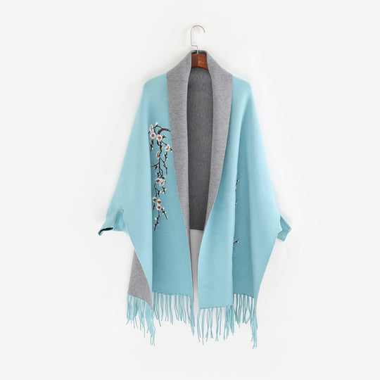 Damen Reversible Strick-Ruana mit Blumenstickerei und Fransensaum Shop Nory