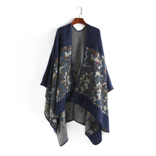 Damen Oversize-Ruana-Umhang aus Wollmix mit geometrischem Jacquardbesatz Shop Nory