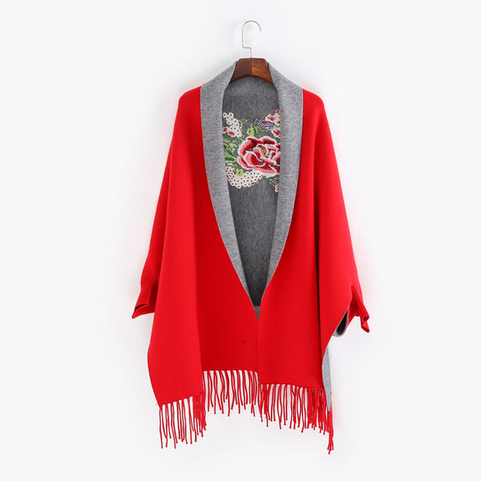 Damen Cape‑Schal mit besticktem Innenfutter und Fransensaum Shop Nory