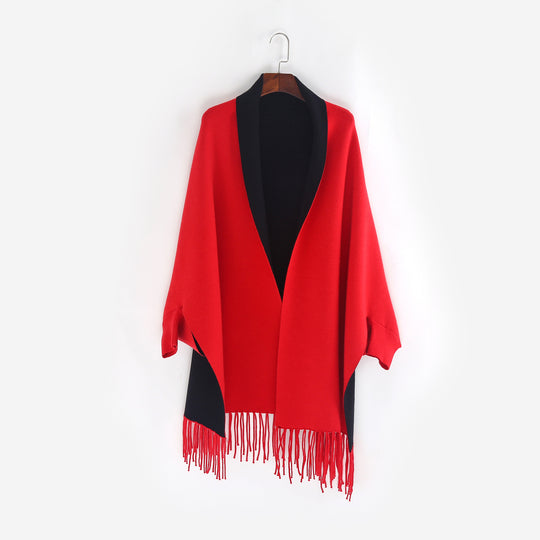 Damen Oversize-Wendecape mit Schalkragen und Fransensaum Shop Nory