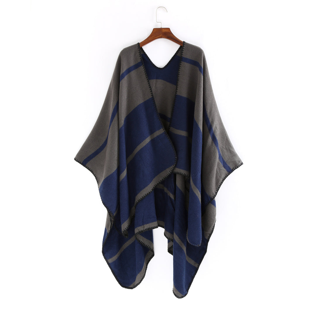 Damen Oversize-Ruana mit geometrischem Blockstreifen und Ziernaht Shop Nory