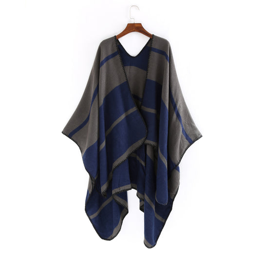 Damen Oversize-Ruana mit geometrischem Blockstreifen und Ziernaht Shop Nory